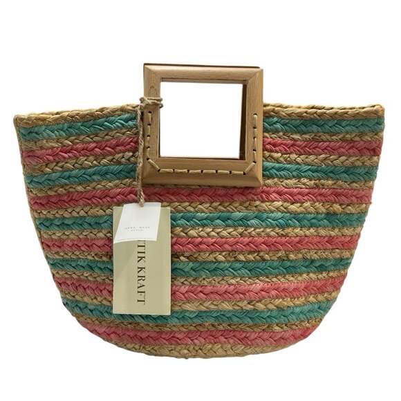 Antik Kraft Clutch Clutch Jute Straw Striped Wood Handle Bag Purse Beach Cruise - Picture 1 of 14